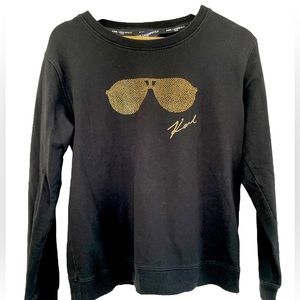 Karl Lagerfeld, Gold Tone Sunglasses on Black long sleeve Top, Size PSmall